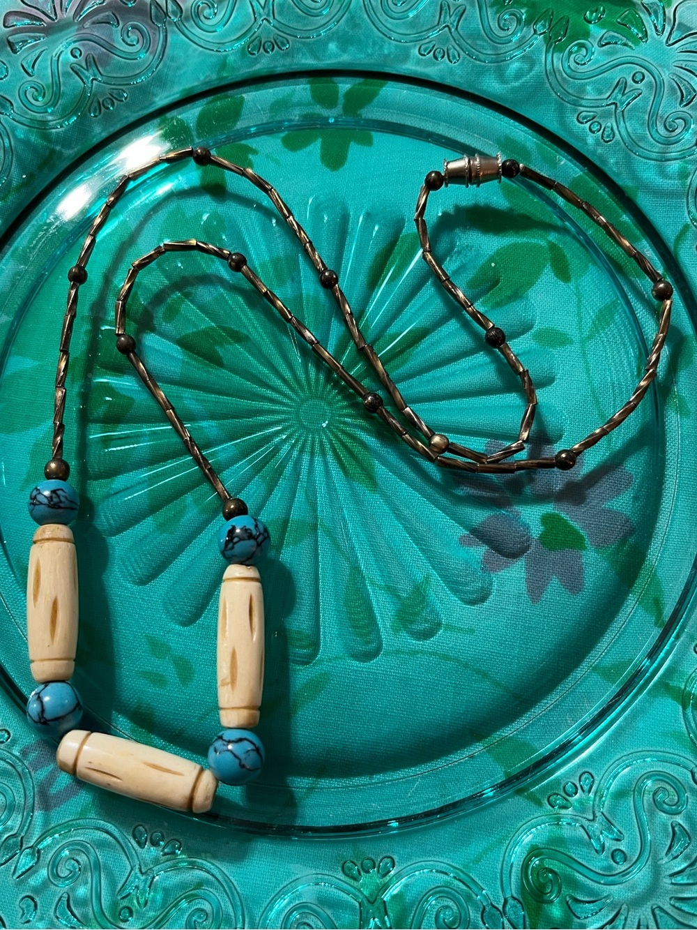 Vintage Native Made Carved Bone Turquoise Beaded Silver Tone Metal Necklace